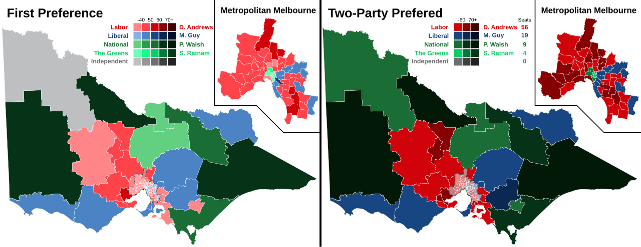 Map of Victoria showing Legislative Assembly electoral districts and 2022 election results by seat