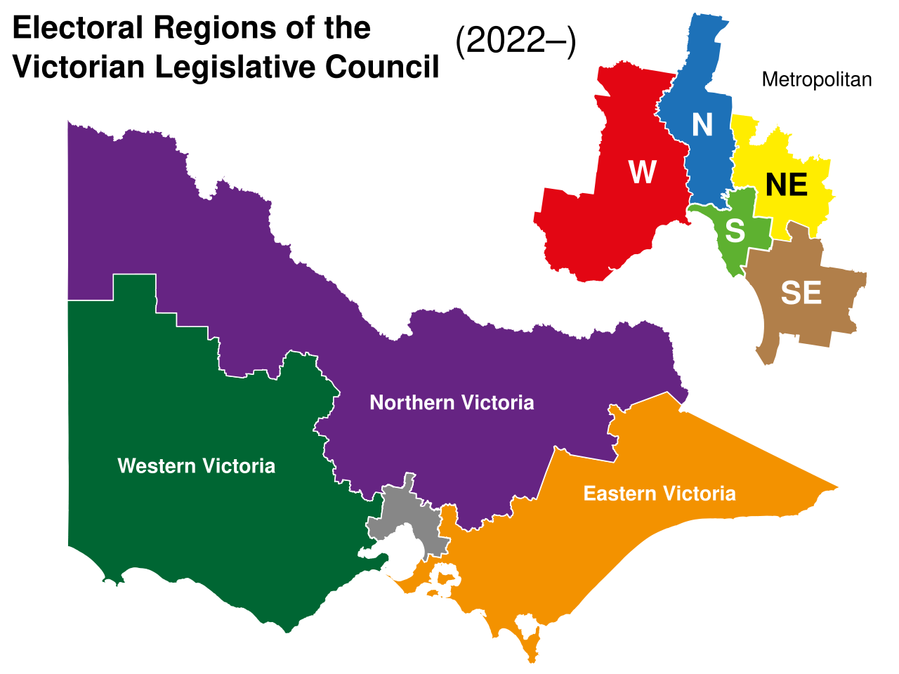 Map of Victoria showing the eight Legislative Council electoral regions